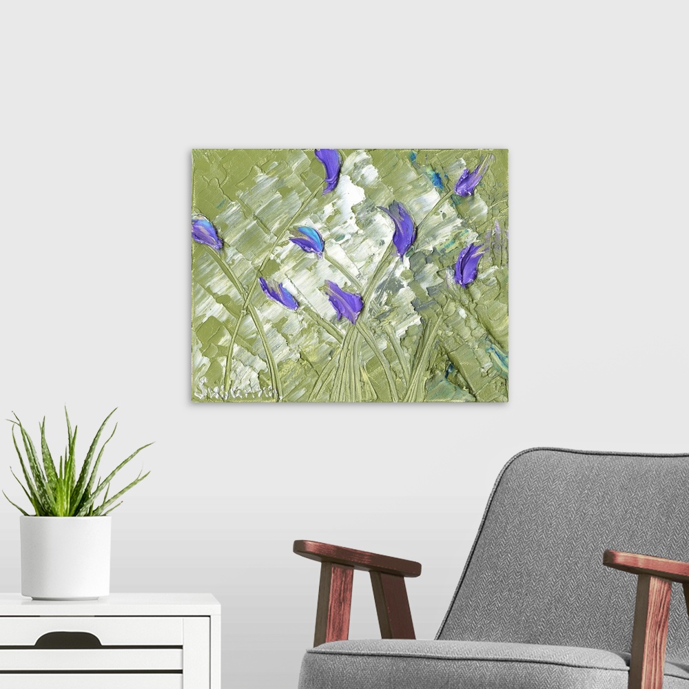 A modern room featuring Large abstract painting with purple tulips on sage green background.
