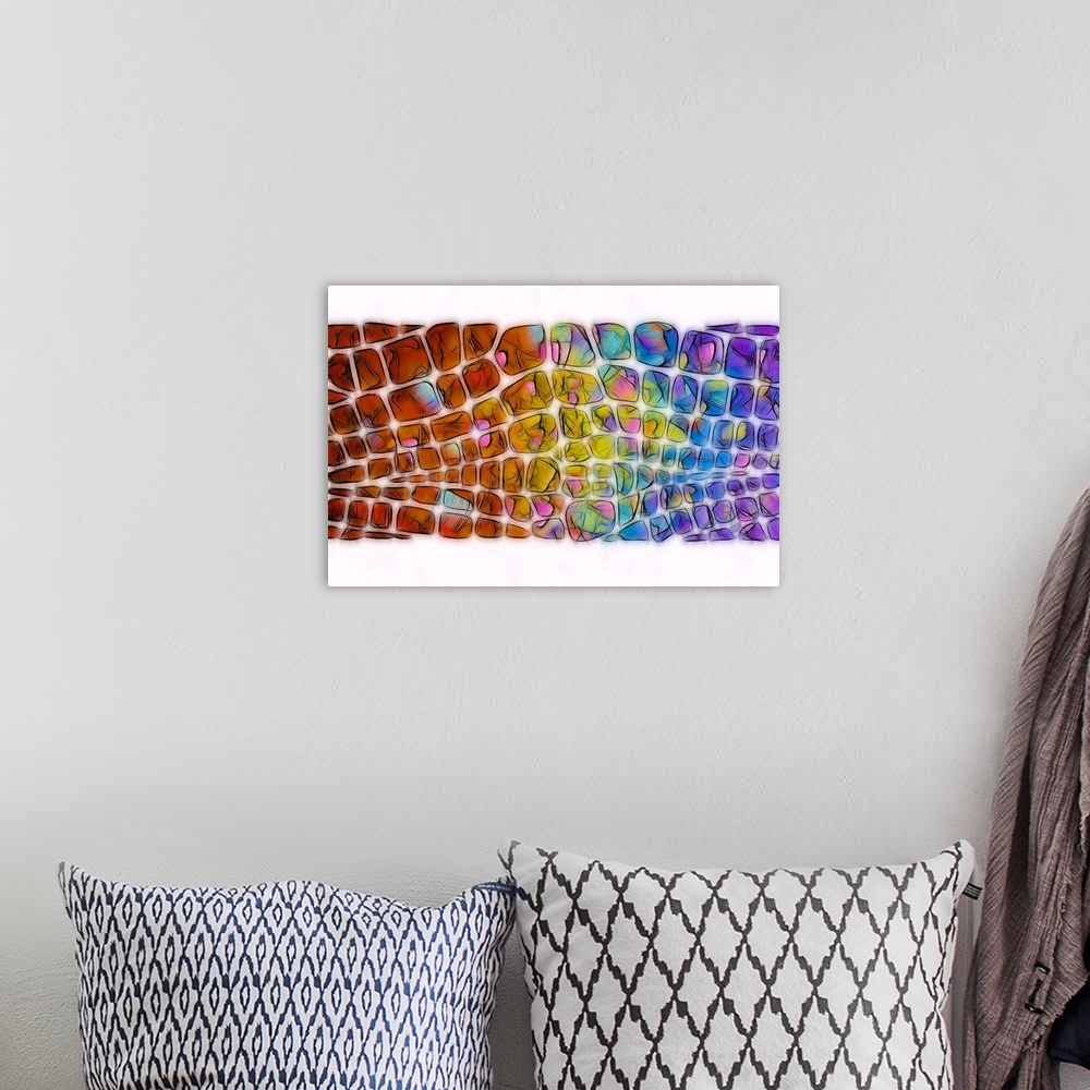 A bohemian room featuring Digital illustration of a rainbow scale pattern with black outlines on a white background.