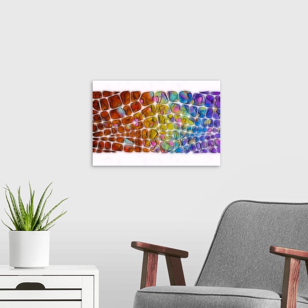 A modern room featuring Digital illustration of a rainbow scale pattern with black outlines on a white background.