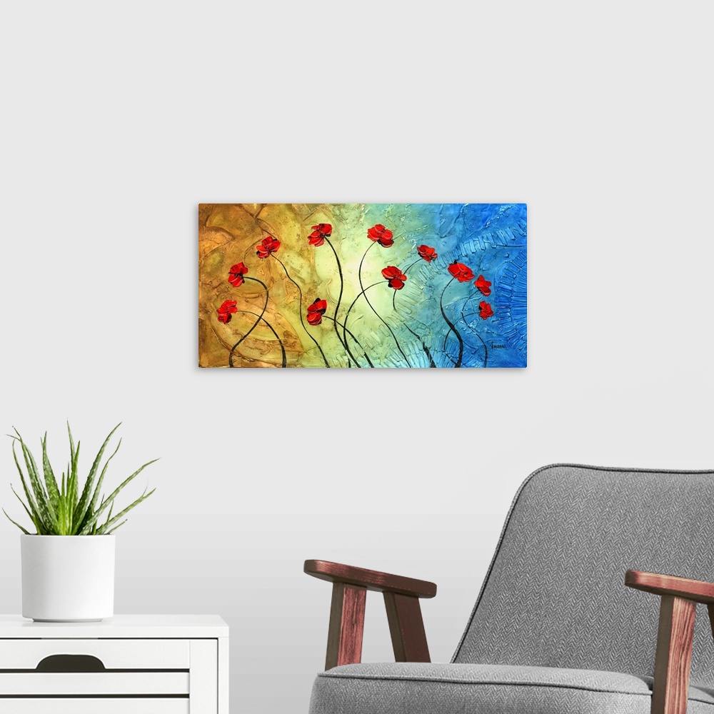 A modern room featuring Red poppy flowers on a brown, green, and aqua blue background.