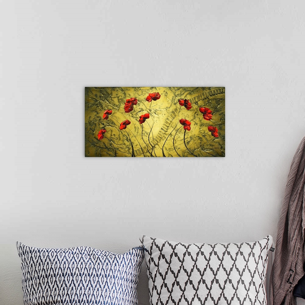 A bohemian room featuring Contemporary painting of red poppies on gold textured background.