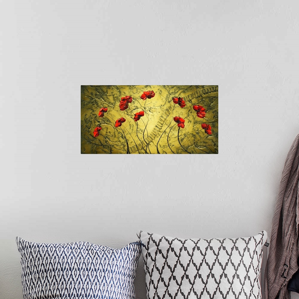 A bohemian room featuring Contemporary painting of red poppies on gold textured background.