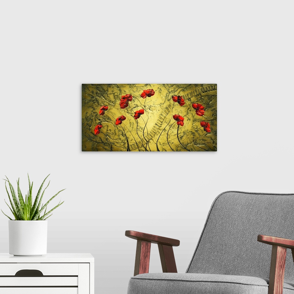 A modern room featuring Contemporary painting of red poppies on gold textured background.