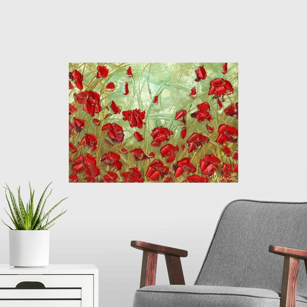 A modern room featuring Abstract painting of red poppies in a field with a light green, blue, and yellow background.