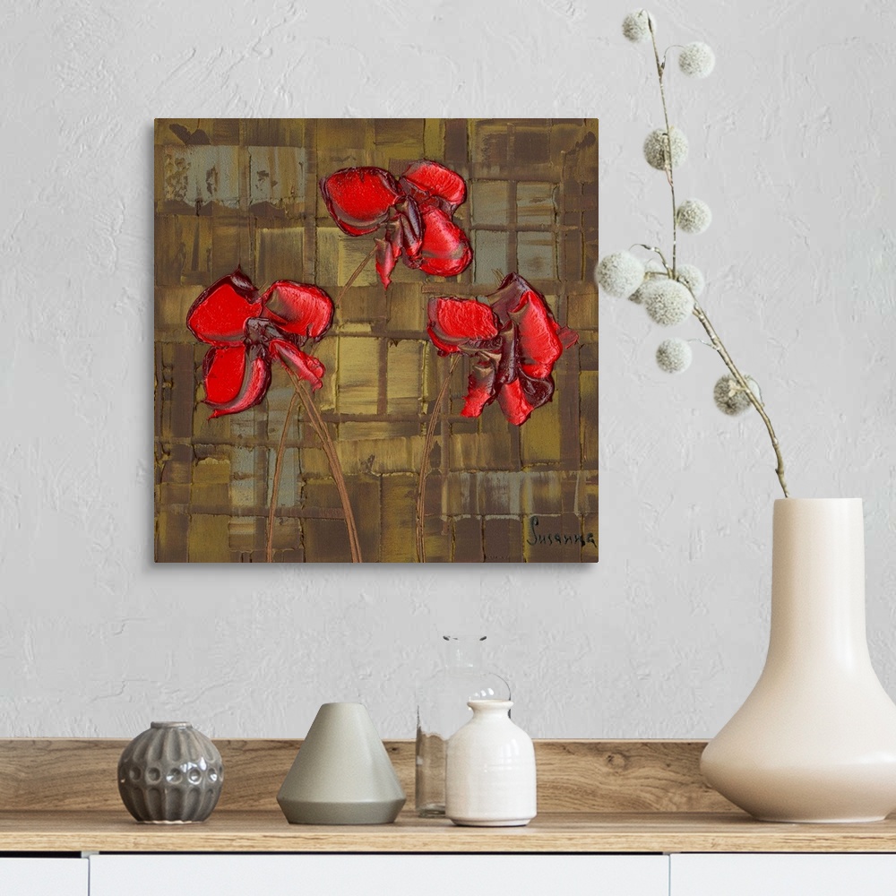 A farmhouse room featuring Contemporary painting of three bright red poppies on a brown, gray, and gold textured background ...