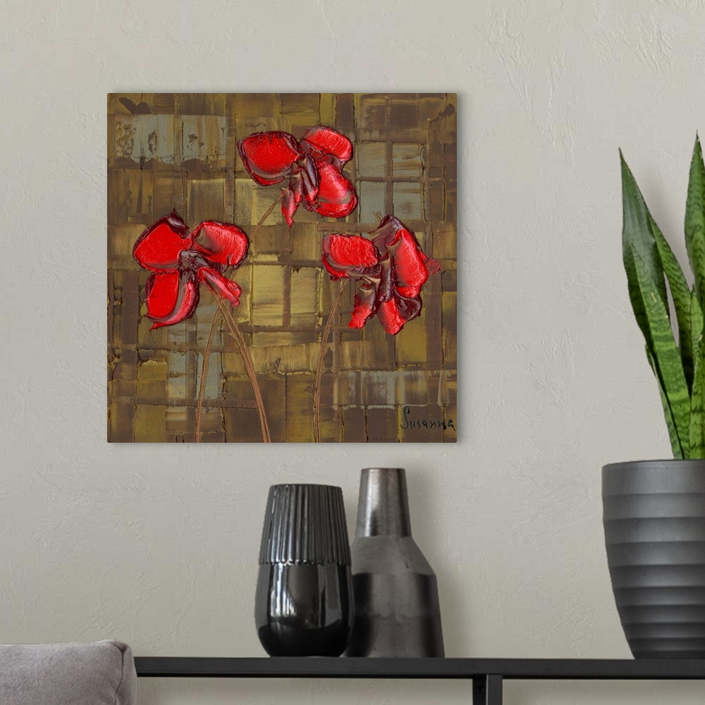A modern room featuring Contemporary painting of three bright red poppies on a brown, gray, and gold textured background ...