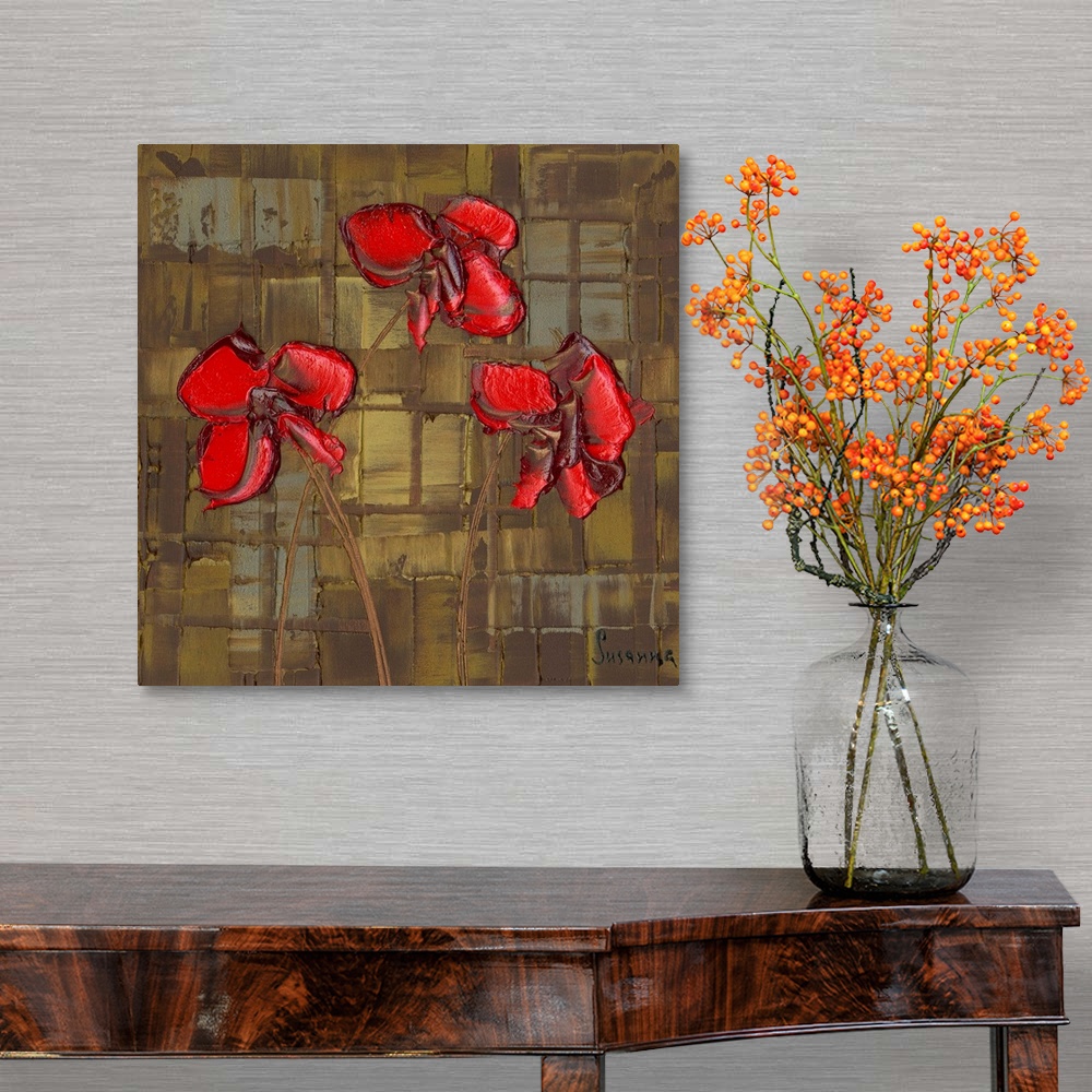 A traditional room featuring Contemporary painting of three bright red poppies on a brown, gray, and gold textured background ...
