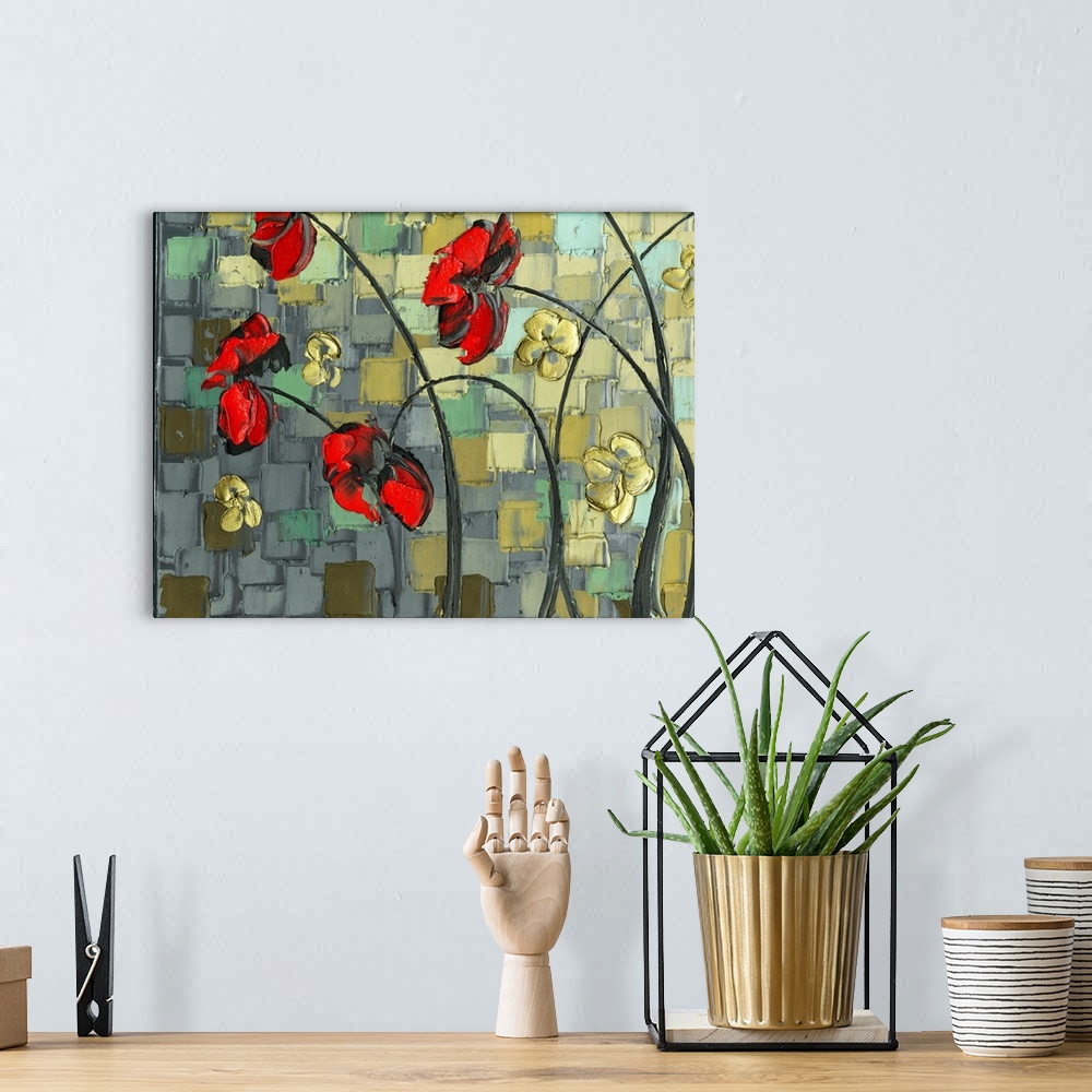 A bohemian room featuring Abstract painting with a few red poppy flowers and small gold flowers on a background created wit...