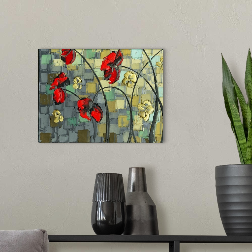 A modern room featuring Abstract painting with a few red poppy flowers and small gold flowers on a background created wit...