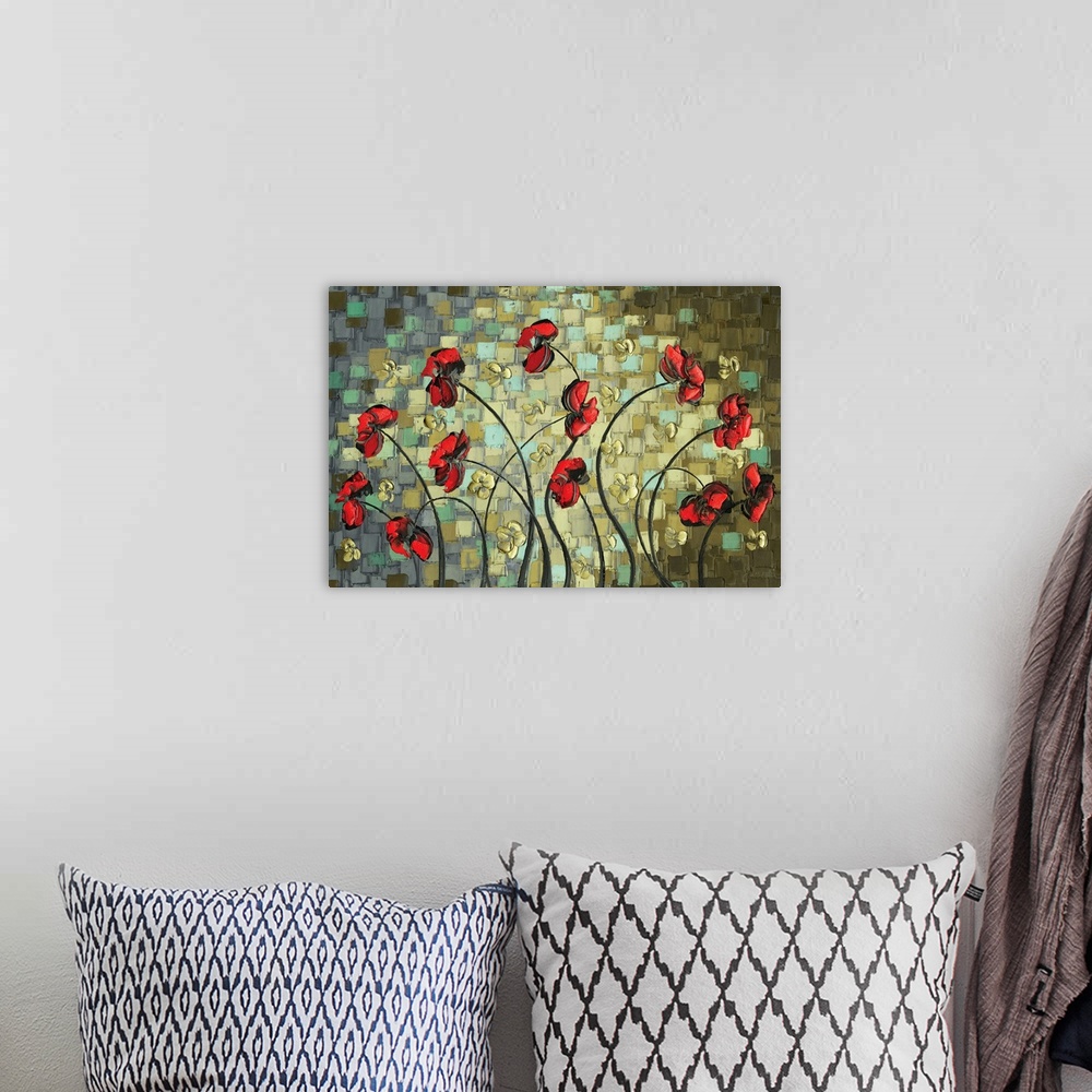 A bohemian room featuring Abstract painting with red poppy flowers and small gold flowers on a background created with laye...