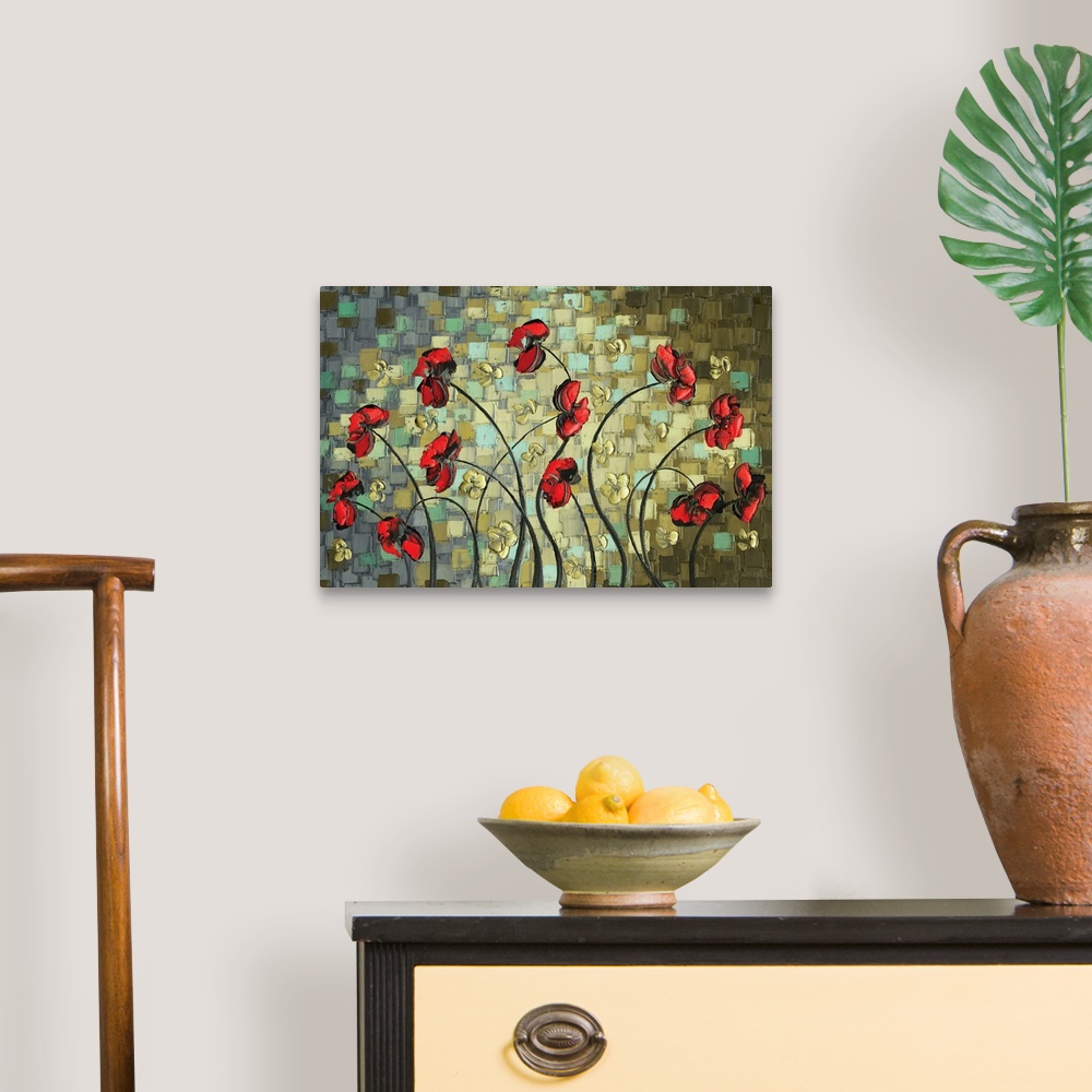 A traditional room featuring Abstract painting with red poppy flowers and small gold flowers on a background created with laye...