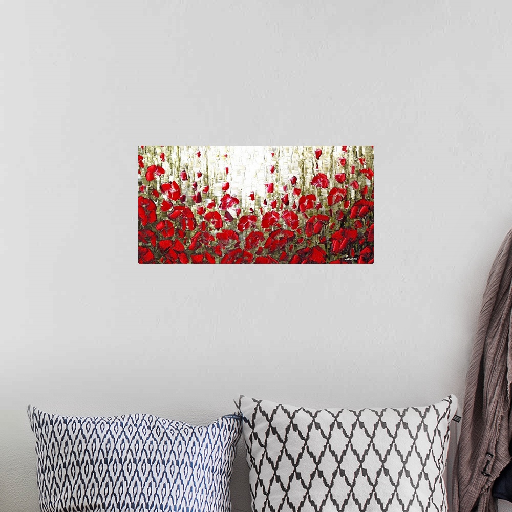 A bohemian room featuring Abstract landscape filled with red poppies.