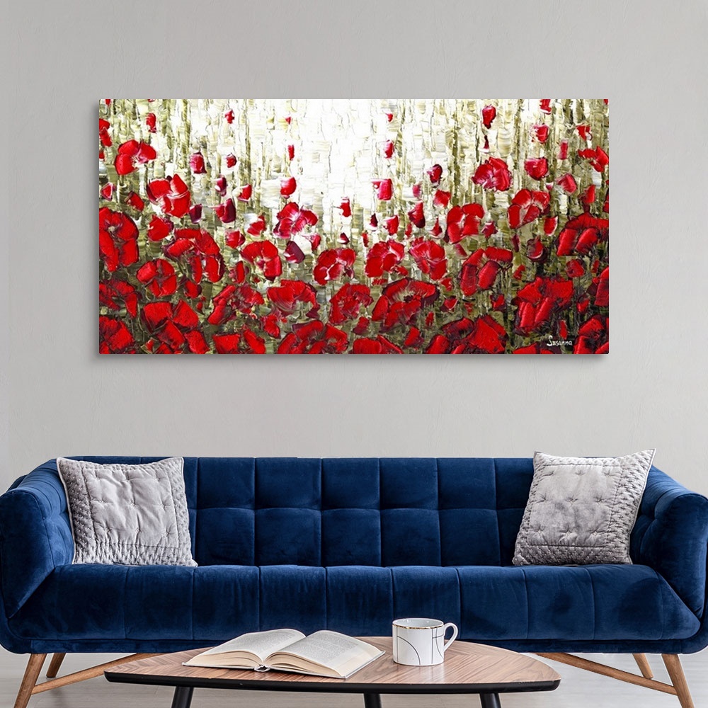 A modern room featuring Abstract landscape filled with red poppies.
