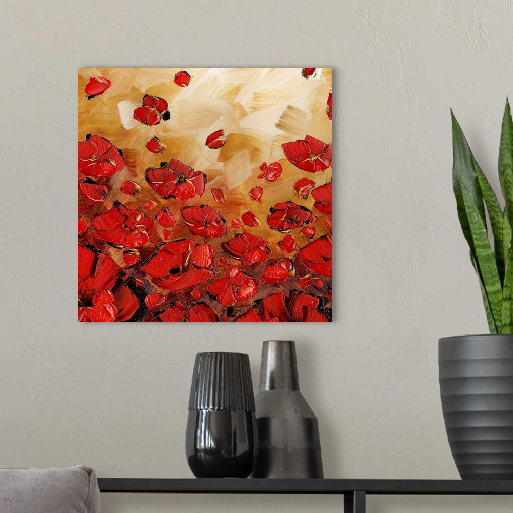 A modern room featuring Abstract painting of red poppies on a bronze background with distinct brushstrokes on a square ba...
