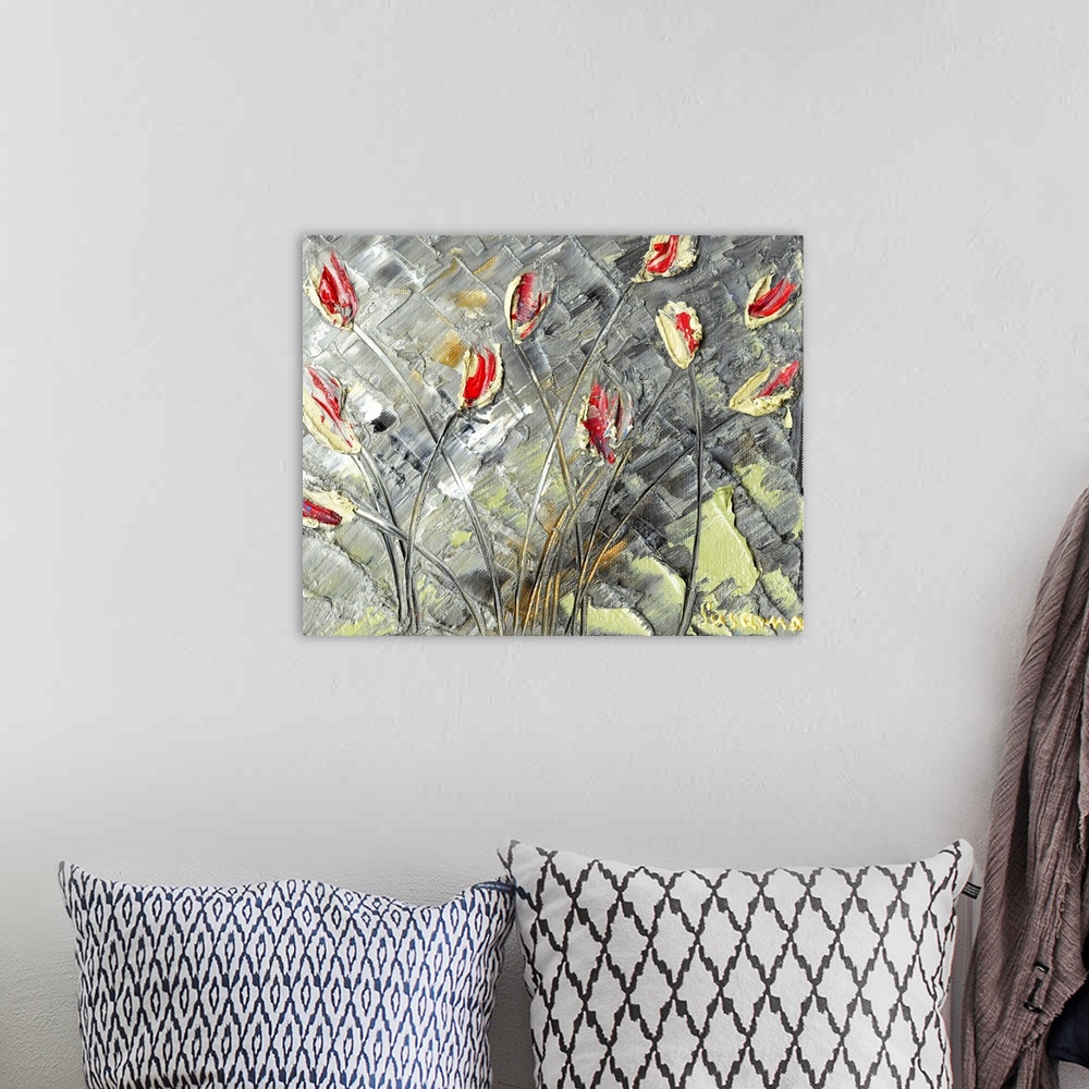 A bohemian room featuring Abstract painting of red and yellow tulips on a gray textured background.