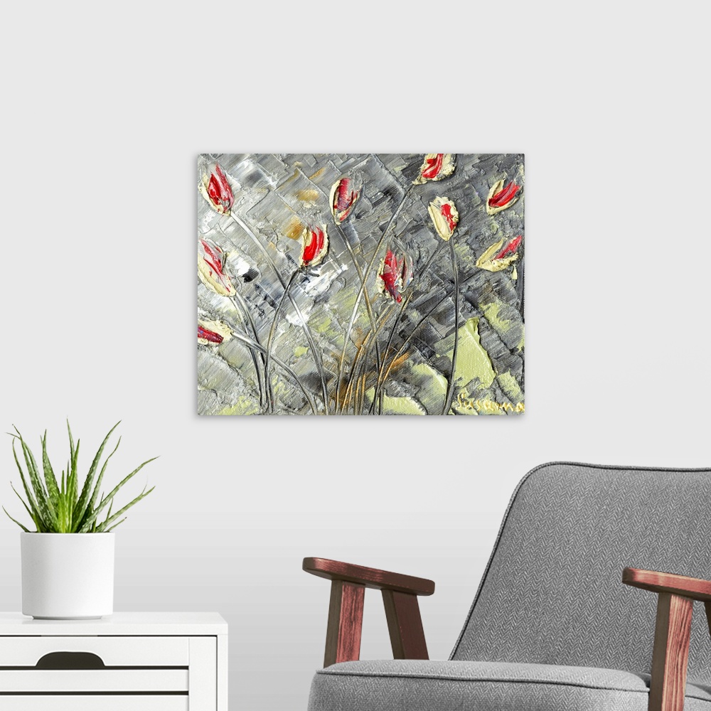 A modern room featuring Abstract painting of red and yellow tulips on a gray textured background.