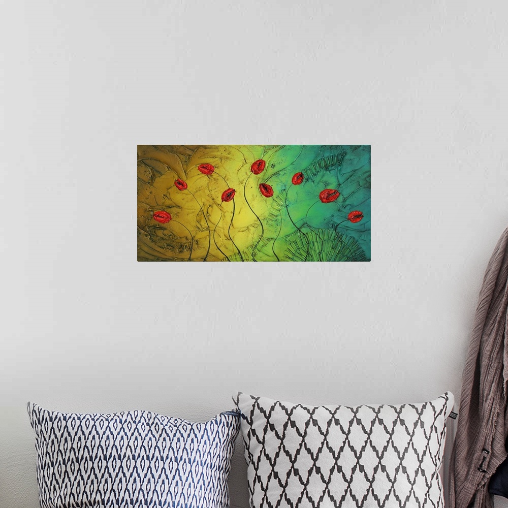A bohemian room featuring Contemporary painting of red tulips on a multicolored background.