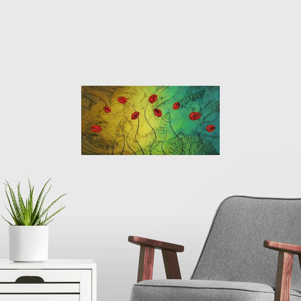 A modern room featuring Contemporary painting of red tulips on a multicolored background.
