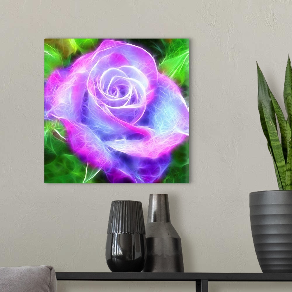 A modern room featuring Digital illustration of a pink, purple, and blue rose with a green background and electric lookin...