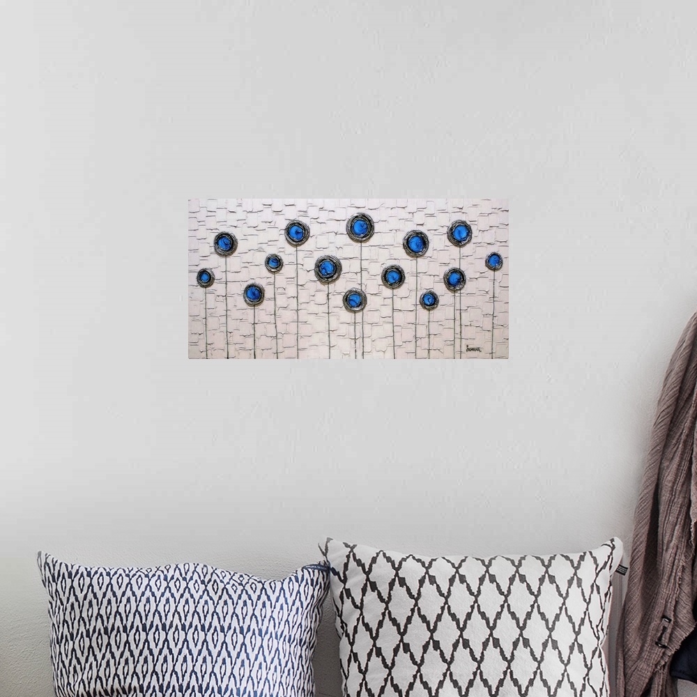 A bohemian room featuring Large abstract illustration with blue circular shapes and long black stems on a white background ...
