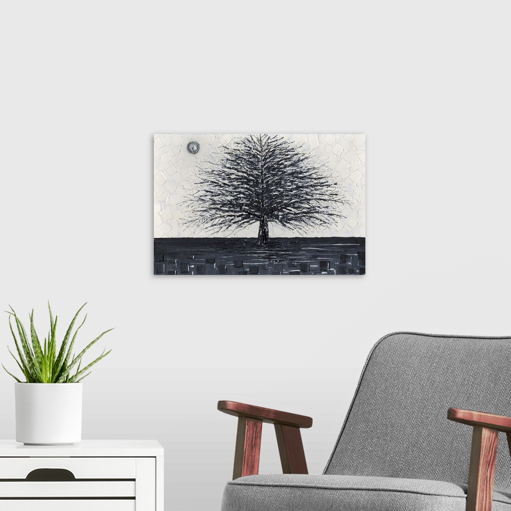 A modern room featuring Black and white tree landscape with layers of squares in the background.