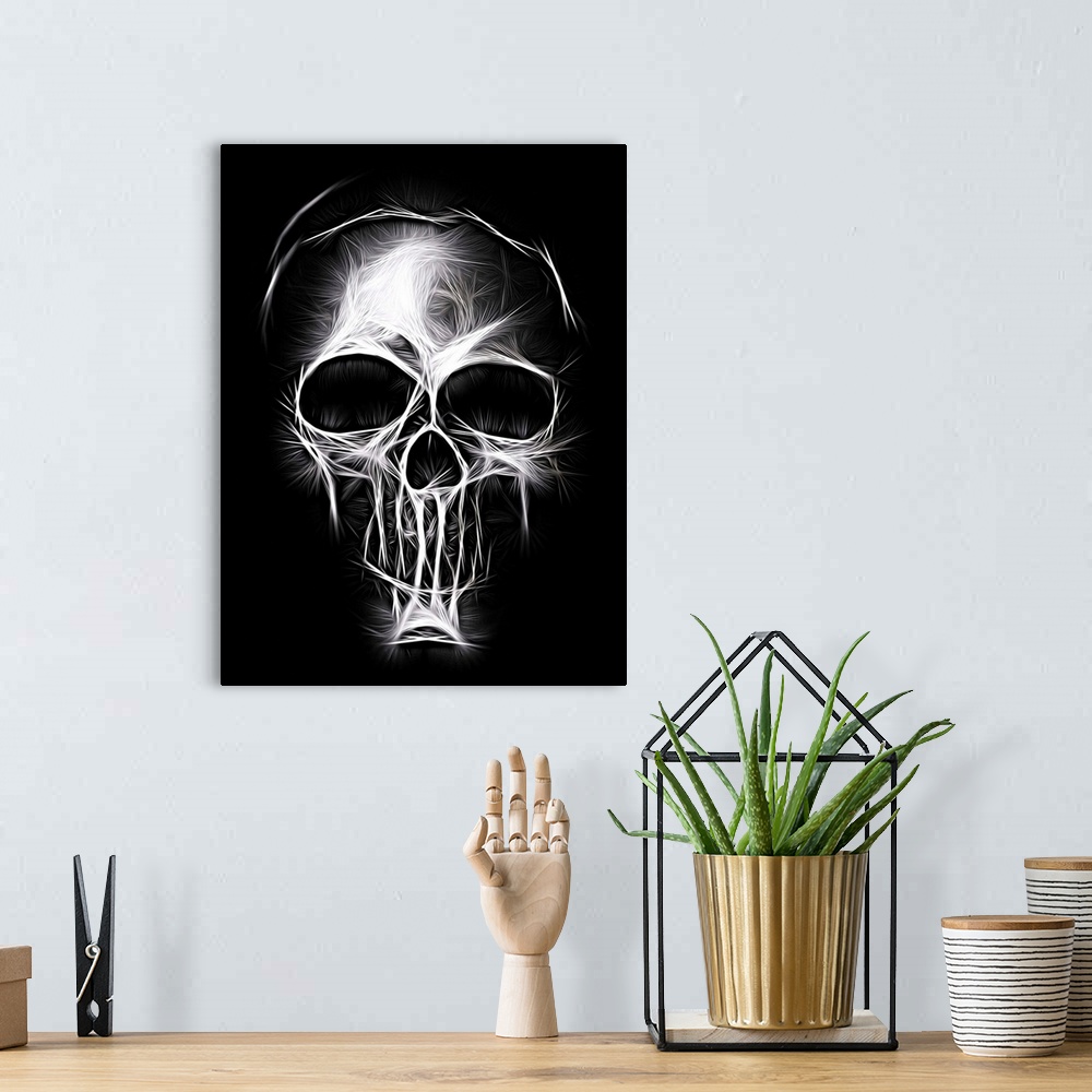 A bohemian room featuring Black and white digital illustration of a skull with electrifying lines.