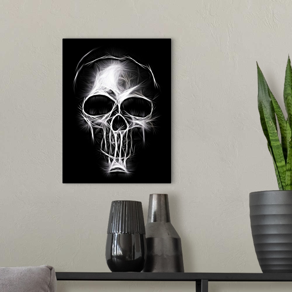 A modern room featuring Black and white digital illustration of a skull with electrifying lines.