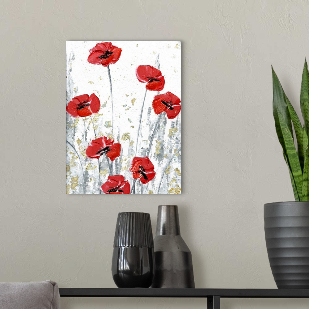 A modern room featuring Red Poppy Flowers on white and gray background with metallic gold all over.