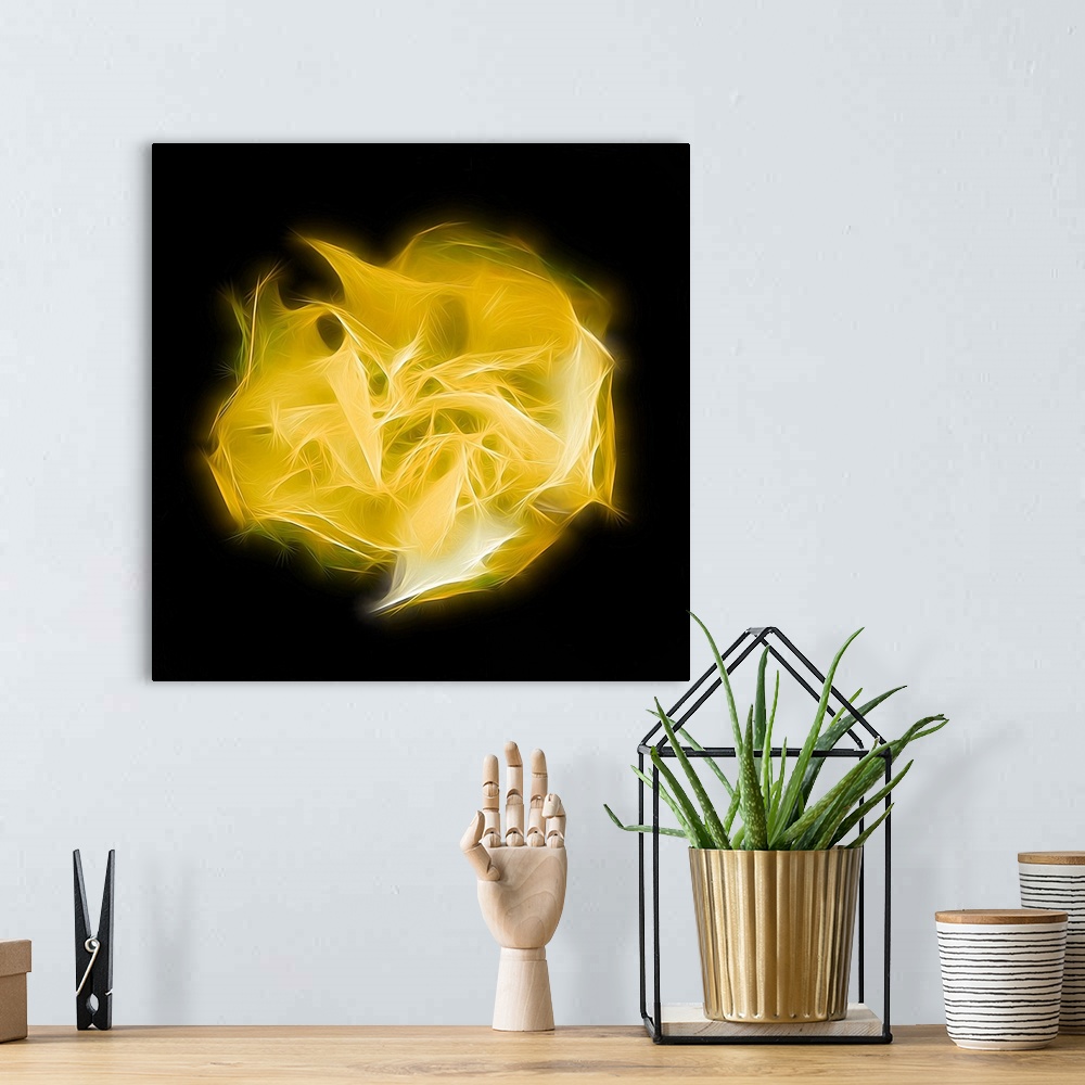 A bohemian room featuring Square digital art with a bright yellow shape representing chakra, made with intertwining lines i...