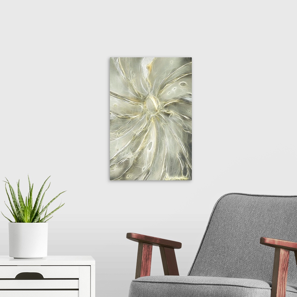 A modern room featuring Abstract digital illustration with intertwining lines coming together and meeting at the circular...