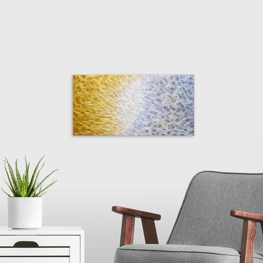 A modern room featuring Large digital abstract illustration in gold, white, and silver hues with thin lines intertwining ...