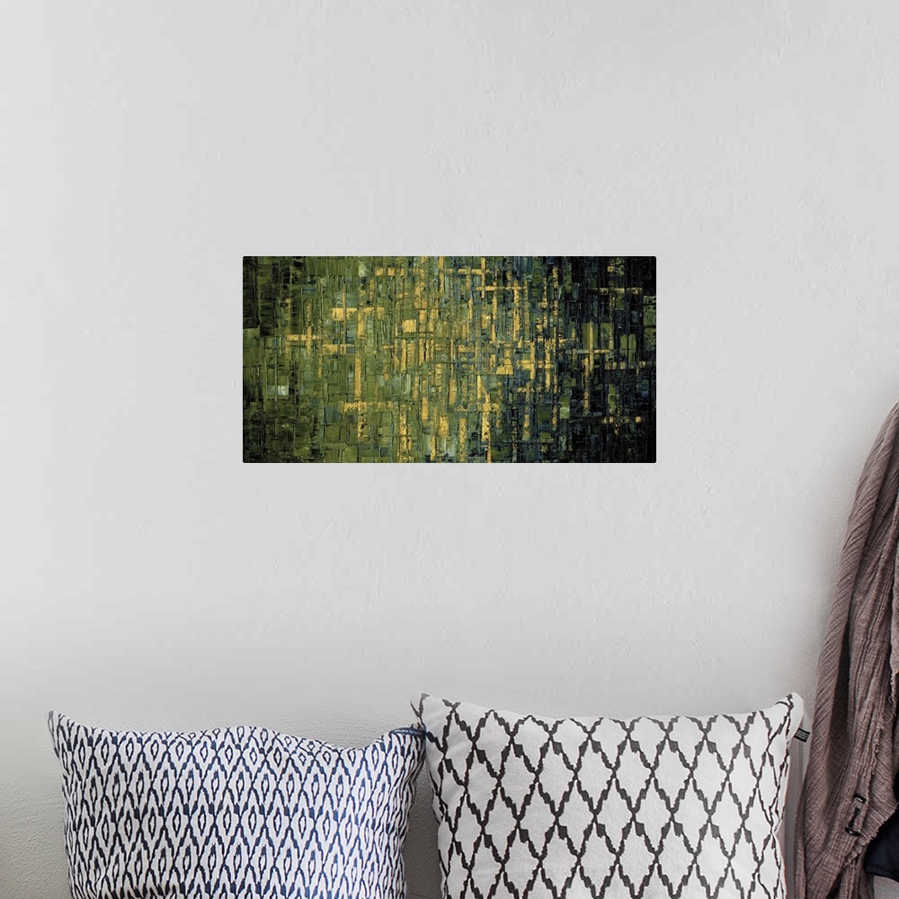 A bohemian room featuring Large abstract painting with shades of green, gold, charcoal gray, and black.