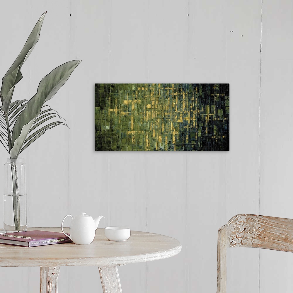 A farmhouse room featuring Large abstract painting with shades of green, gold, charcoal gray, and black.