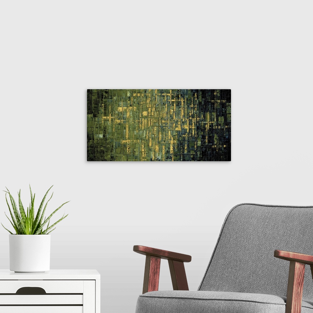 A modern room featuring Large abstract painting with shades of green, gold, charcoal gray, and black.