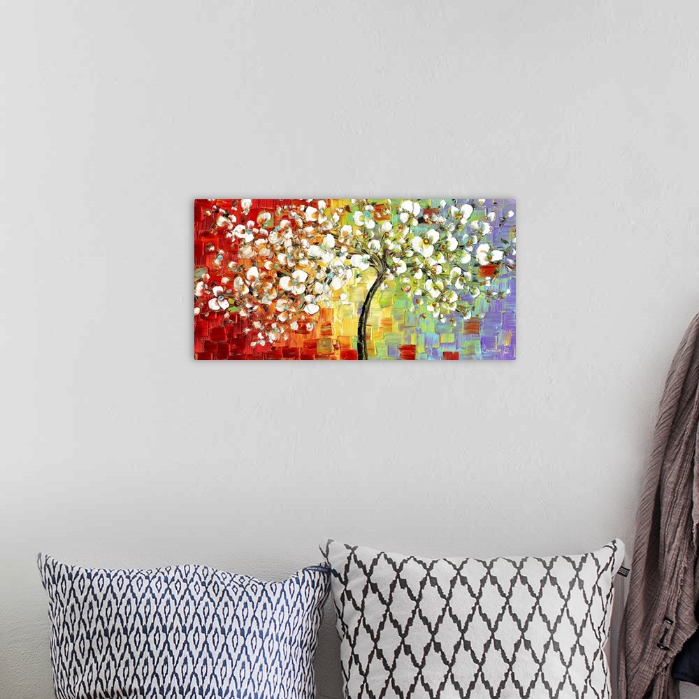 A bohemian room featuring Contemporary painting of a tree with white blossoming flowers on a colorful background creates wi...