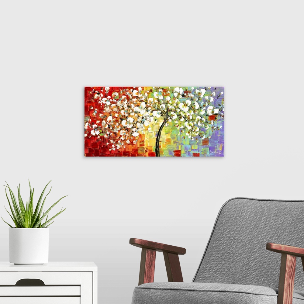 A modern room featuring Contemporary painting of a tree with white blossoming flowers on a colorful background creates wi...