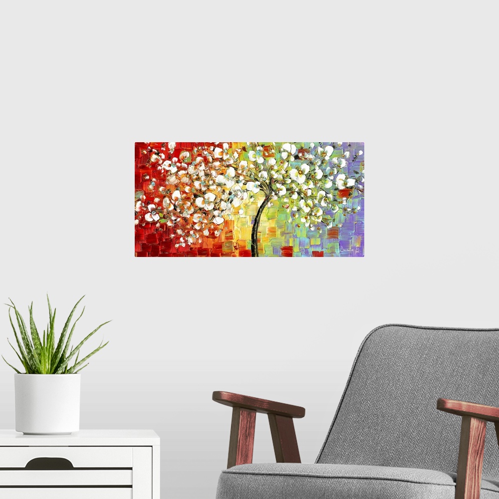 A modern room featuring Contemporary painting of a tree with white blossoming flowers on a colorful background creates wi...