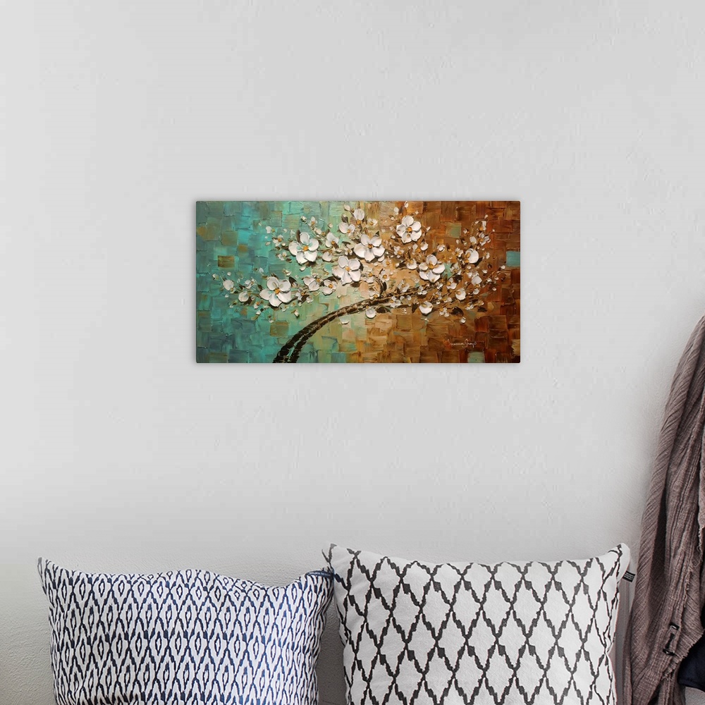A bohemian room featuring Contemporary painting of a branch filled with white flowers on a teal, orange, and cream backgrou...