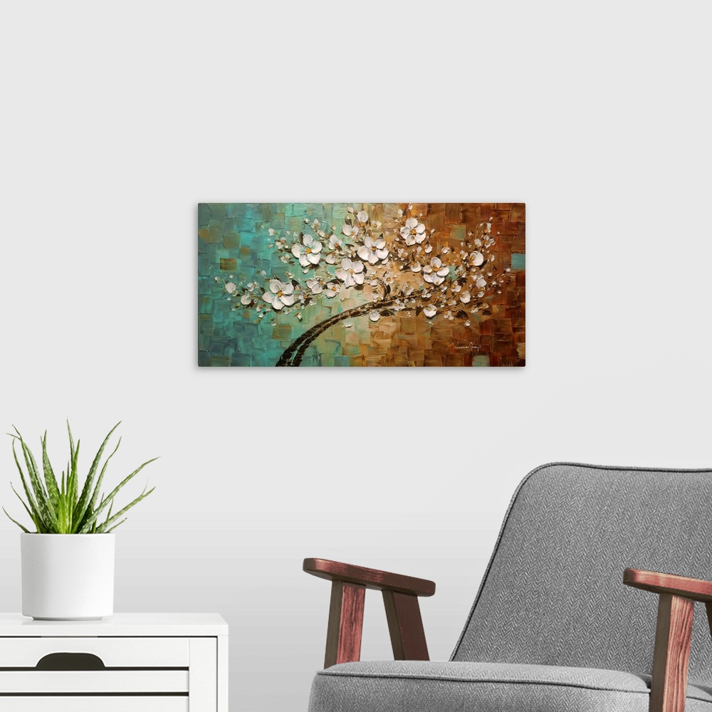 A modern room featuring Contemporary painting of a branch filled with white flowers on a teal, orange, and cream backgrou...