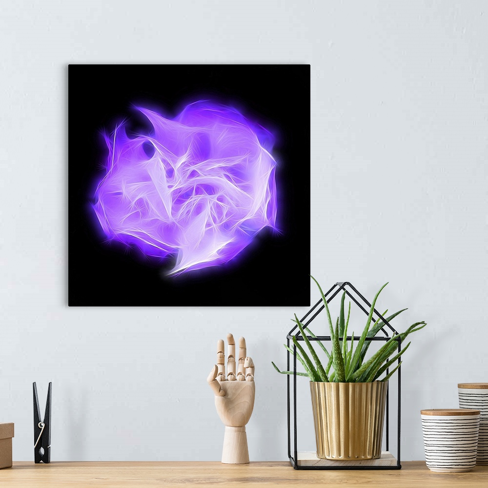 A bohemian room featuring Square digital art with a bright purple shape representing chakra, made with intertwining lines i...