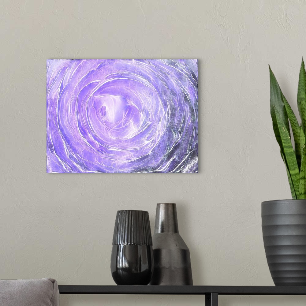 A modern room featuring Thin white lines intertwining together to create circles inside circles on a light purple backgro...