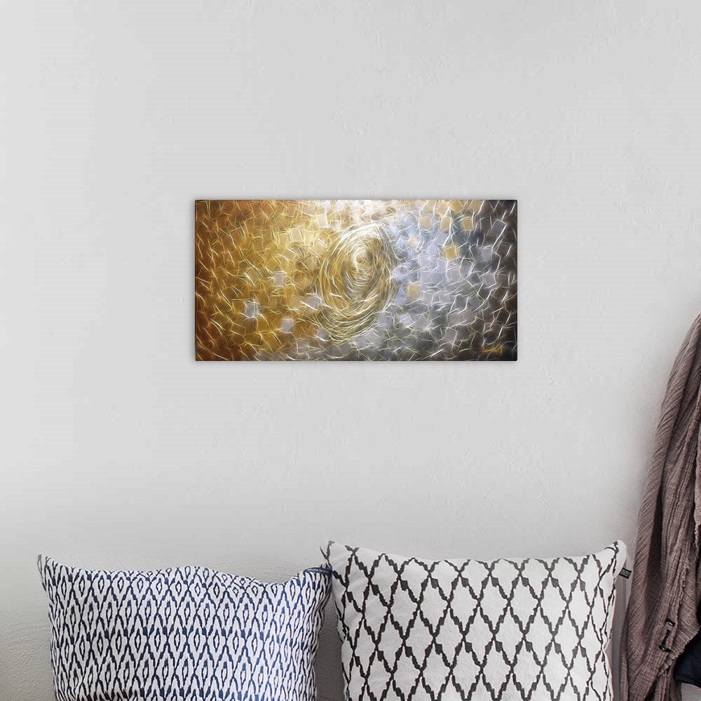 A bohemian room featuring Large abstract digital art print with electrifying lines coming together to create depth in squar...