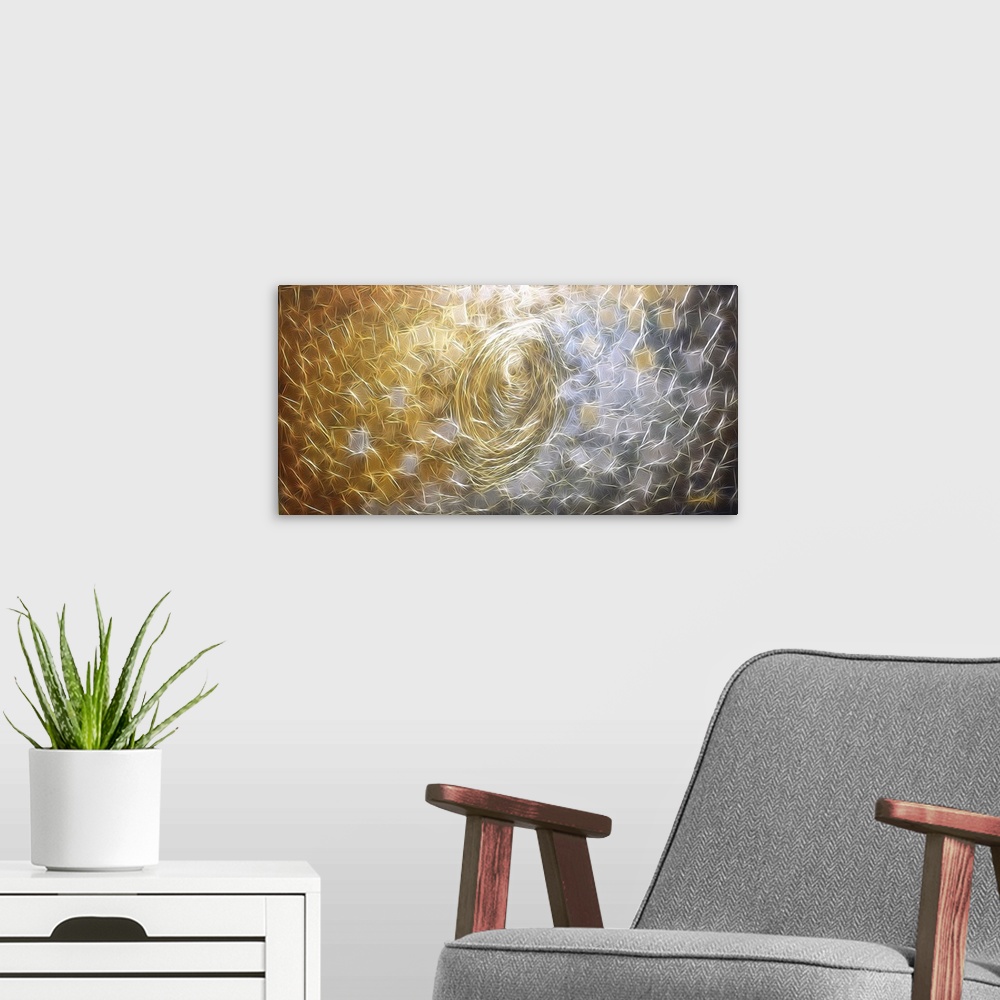 A modern room featuring Large abstract digital art print with electrifying lines coming together to create depth in squar...