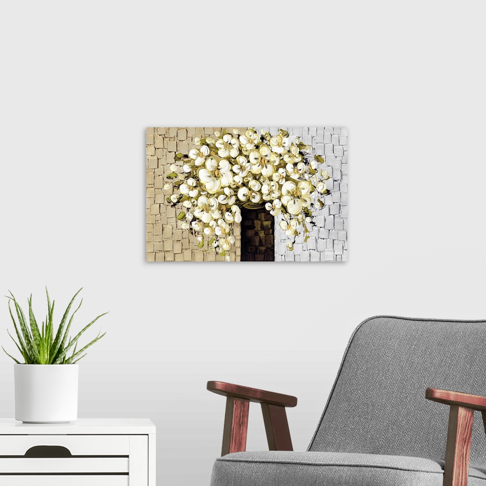 A modern room featuring Large contemporary painting of a bouquet of white flowers with olive green shadows in a dark brow...