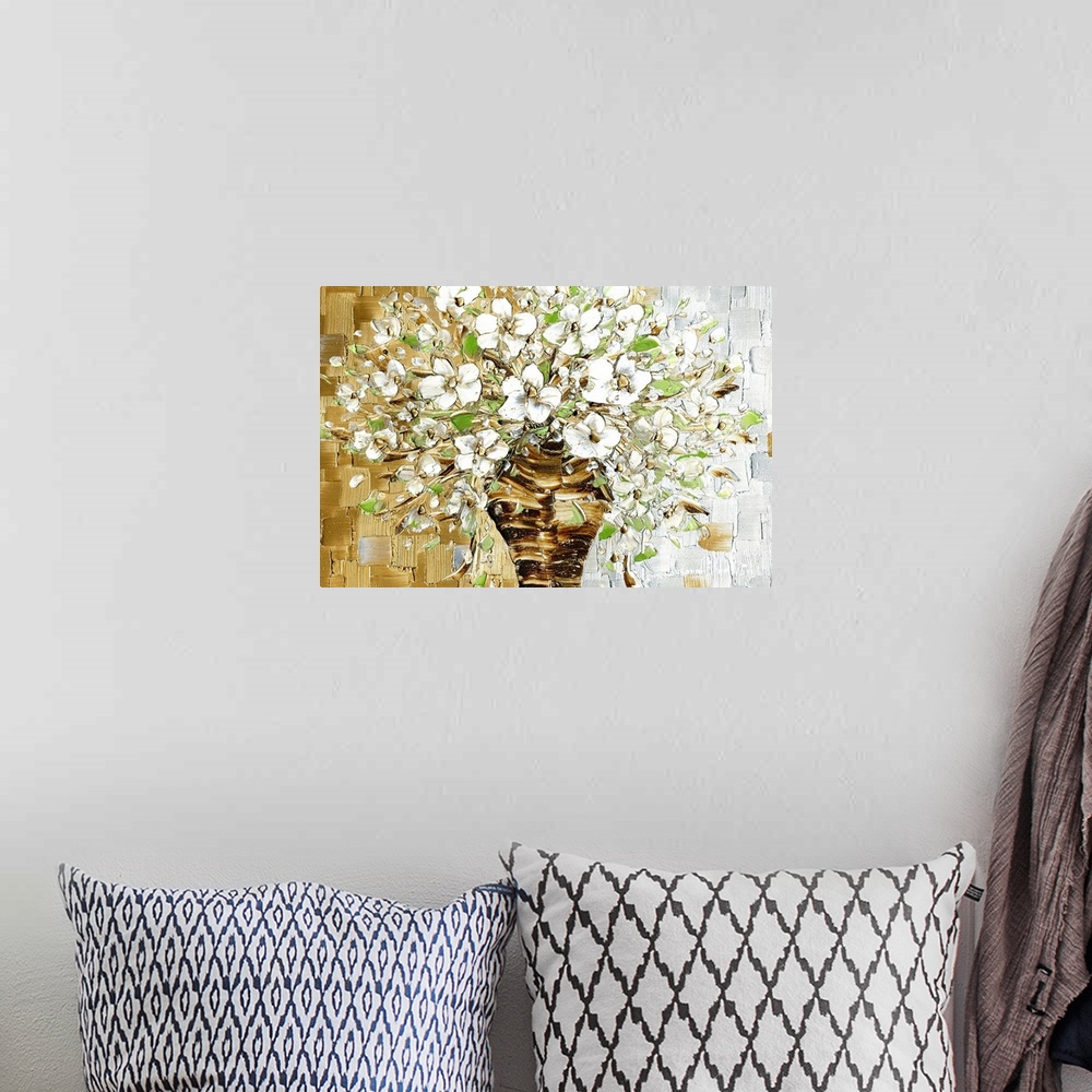 A bohemian room featuring Large contemporary painting of a brown vase with a bouquet of white flowers with light green leav...