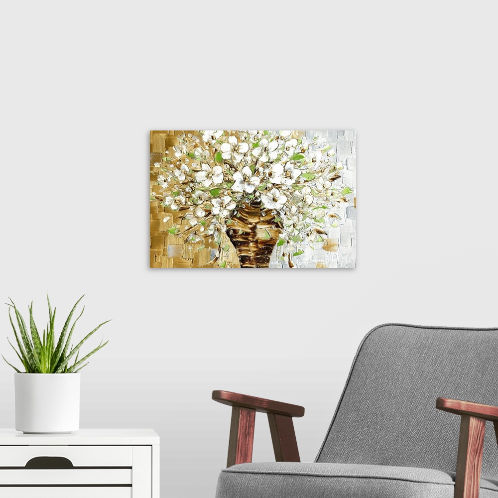 A modern room featuring Large contemporary painting of a brown vase with a bouquet of white flowers with light green leav...