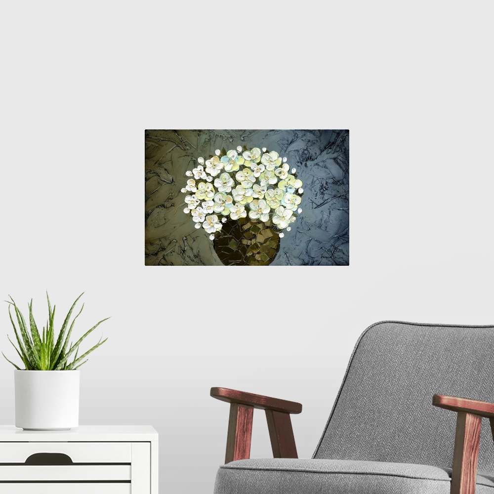 A modern room featuring Large painting of flowers created with thick layers of green, white, yellow, and blue in a brown ...