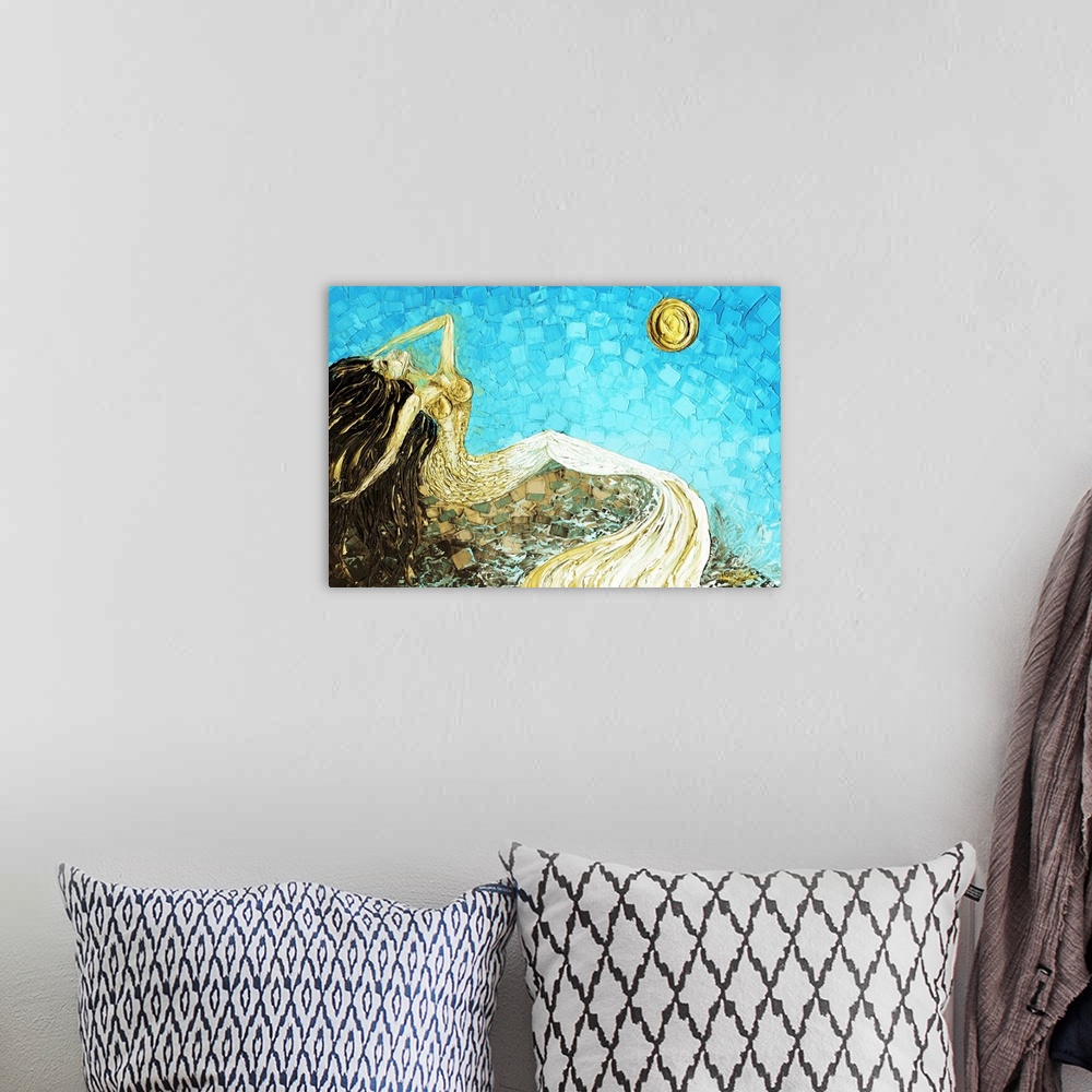 A bohemian room featuring Mermaid Fantasy Art White Gold Blue Brown