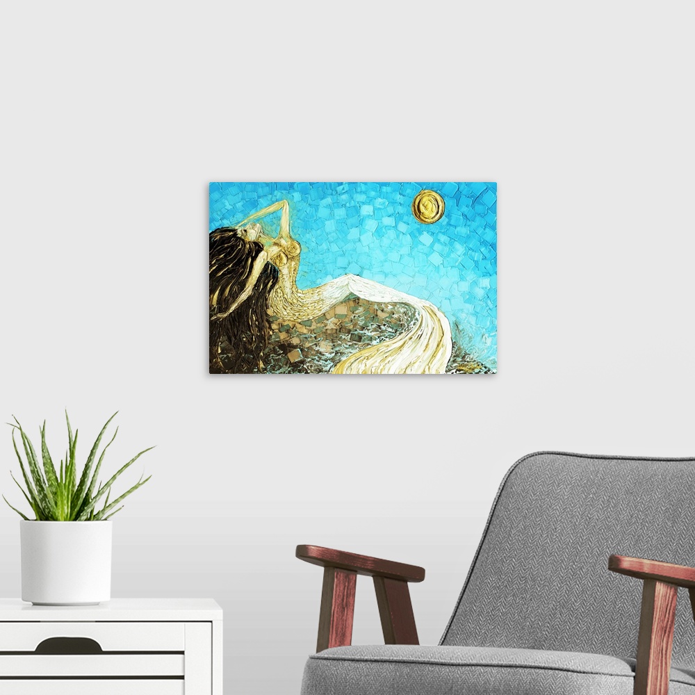 A modern room featuring Mermaid Fantasy Art White Gold Blue Brown