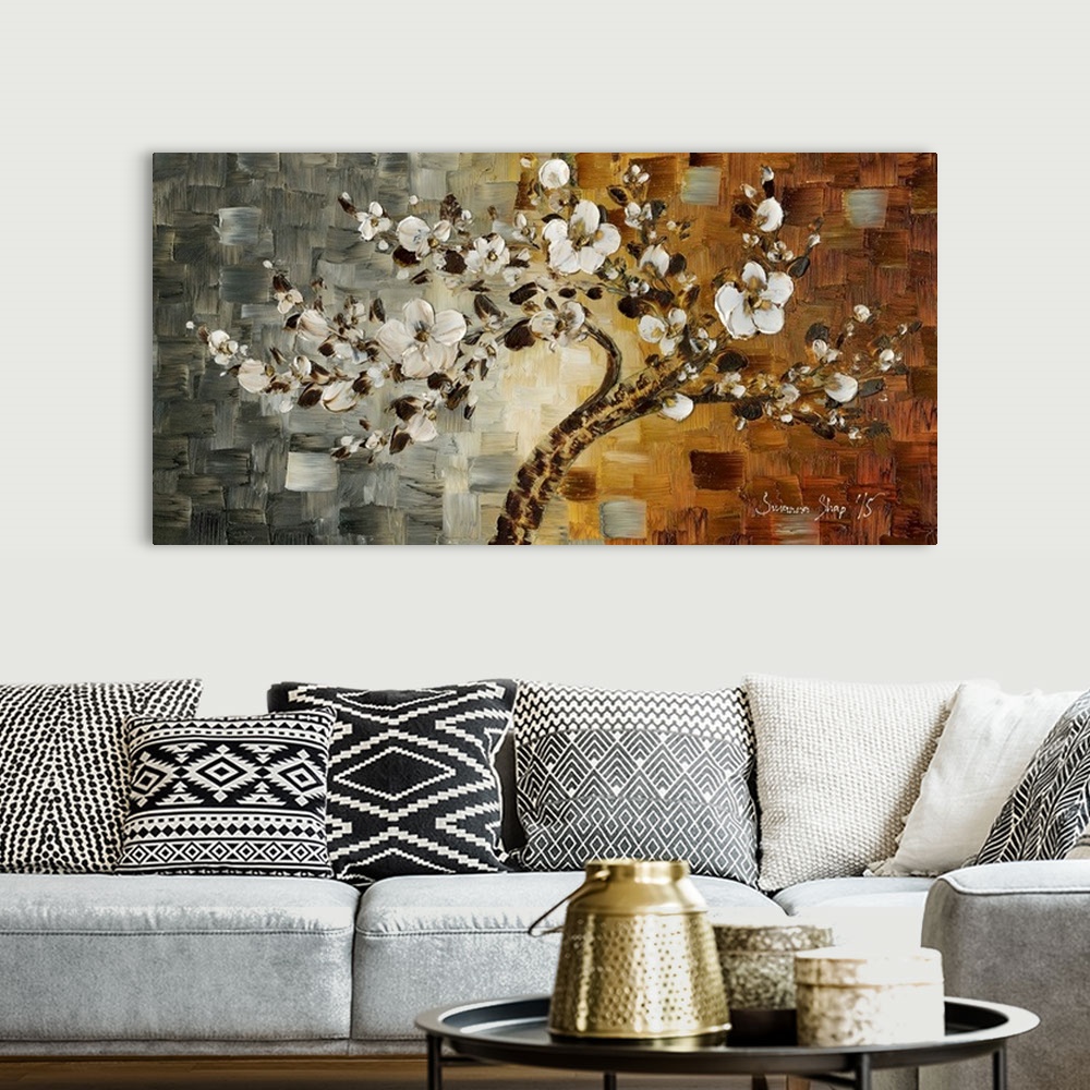 A bohemian room featuring Contemporary painting of a white blossom cherry tree on a textured background created with gray, ...